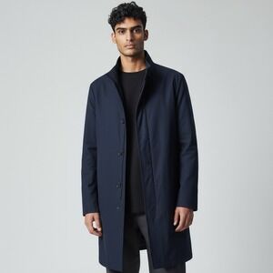 Hugo Boss Trench Coat Men 42L Navy Blue Water Repellent Stowable Hood Minimalist